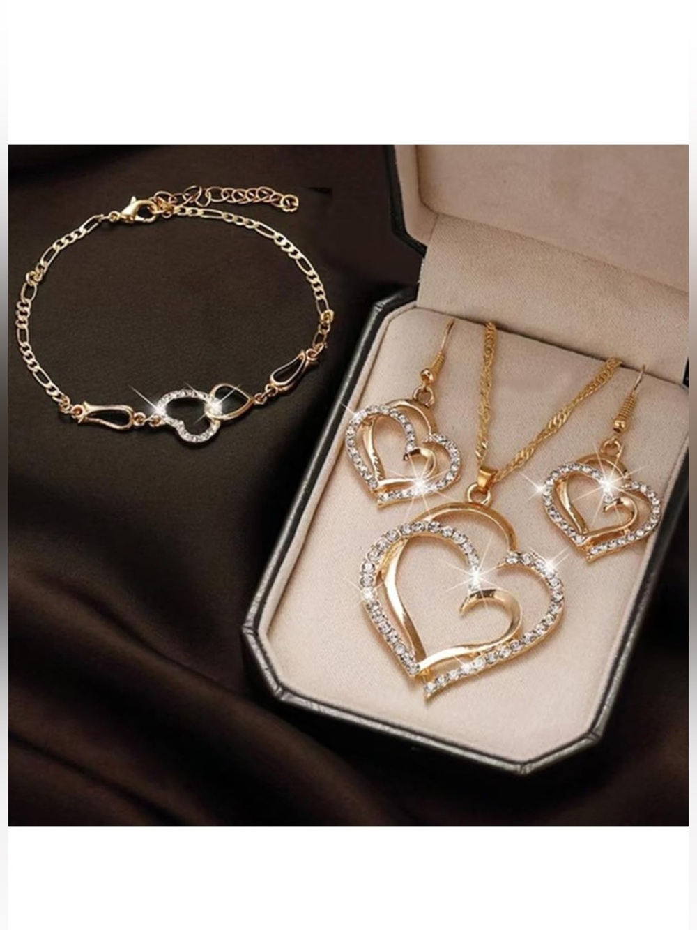 NWT No Label Gold 4PCS/Pack Luxury Double Heart Jewelry Set